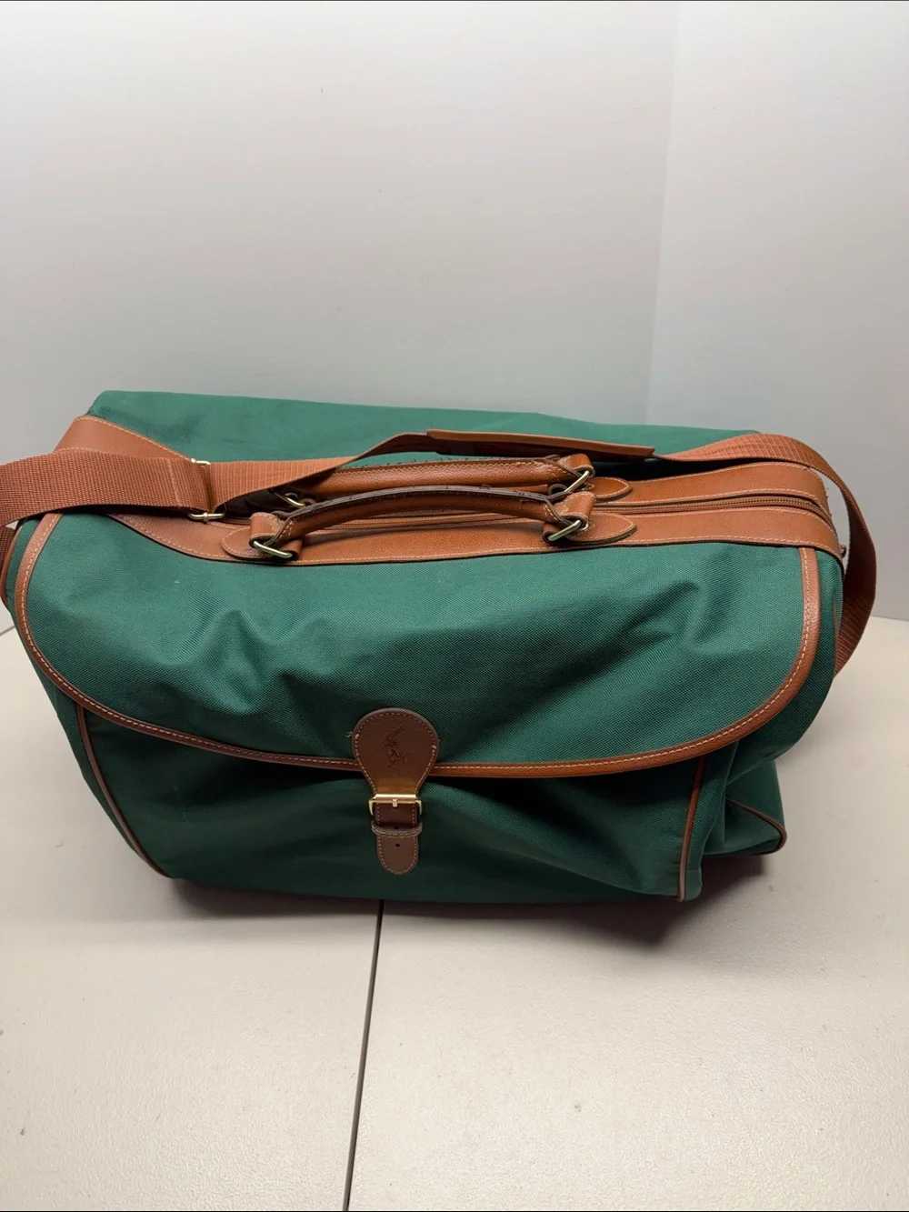 Ralph Lauren Green Canvas Messenger Bag with Brown Leather Trim.